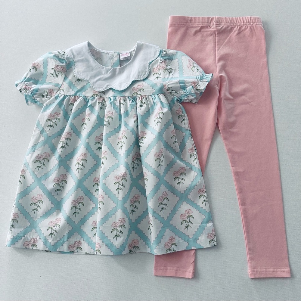Stitchy Fish Girls 5 Teal Blue Floral Top Pink Leggings Set Outfit Spring Easter